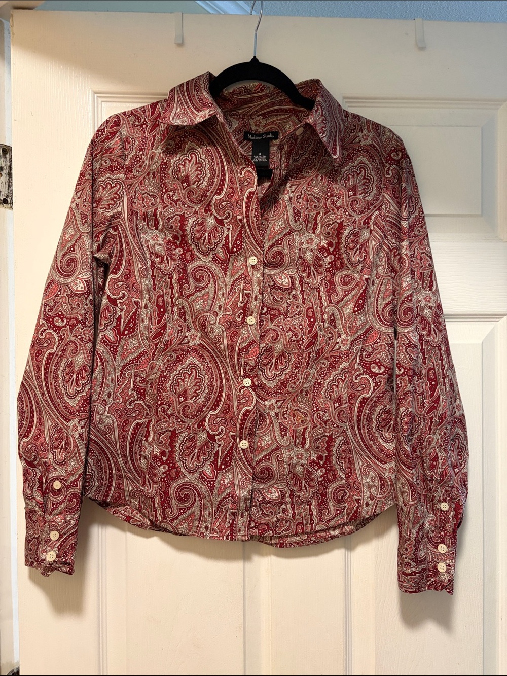 Madison Burgundy and Cream Paisley Button-Down Shirt